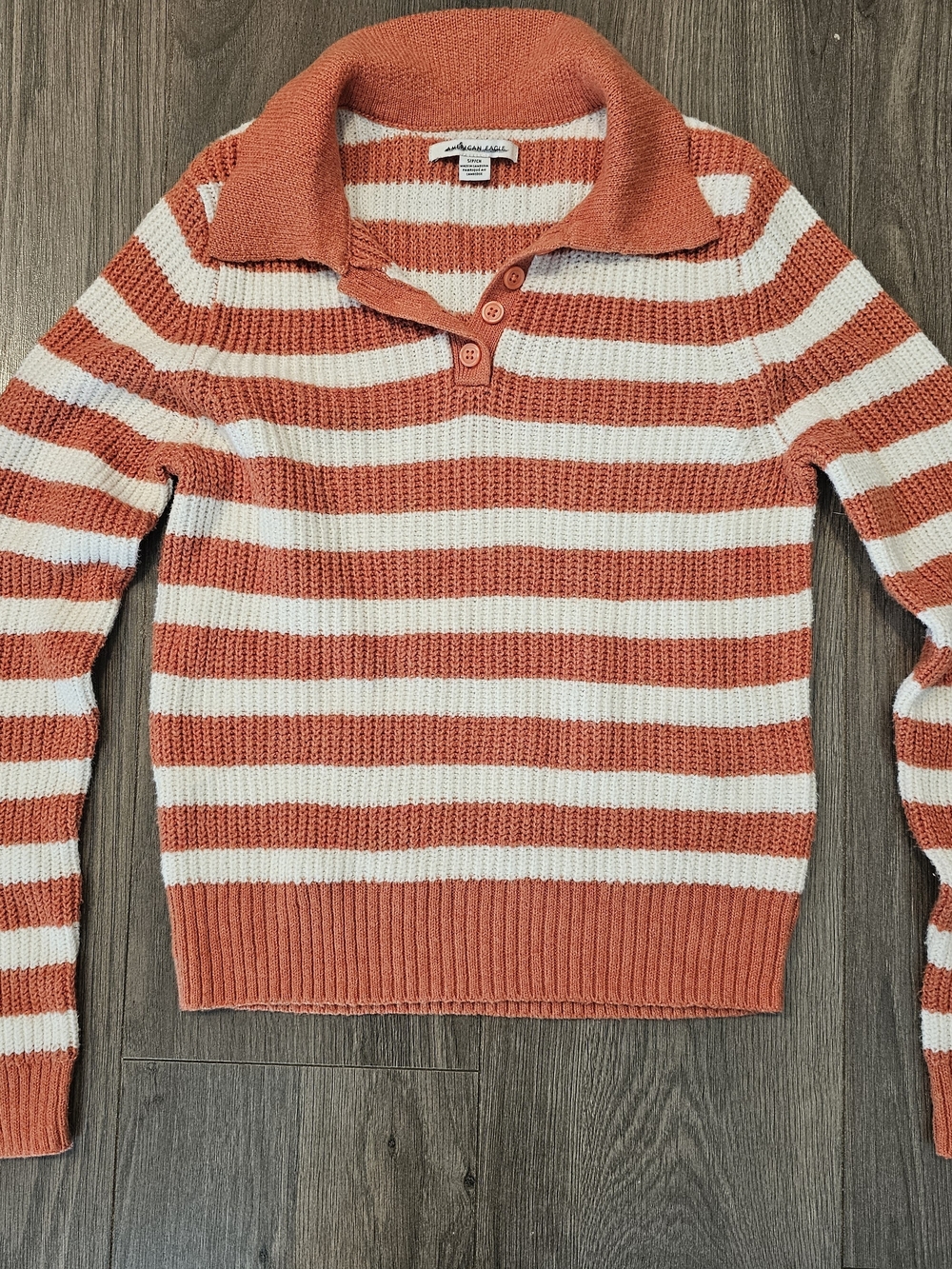 American Eagle Women's Striped Polo Sweater in Orange and Cream-Size Small